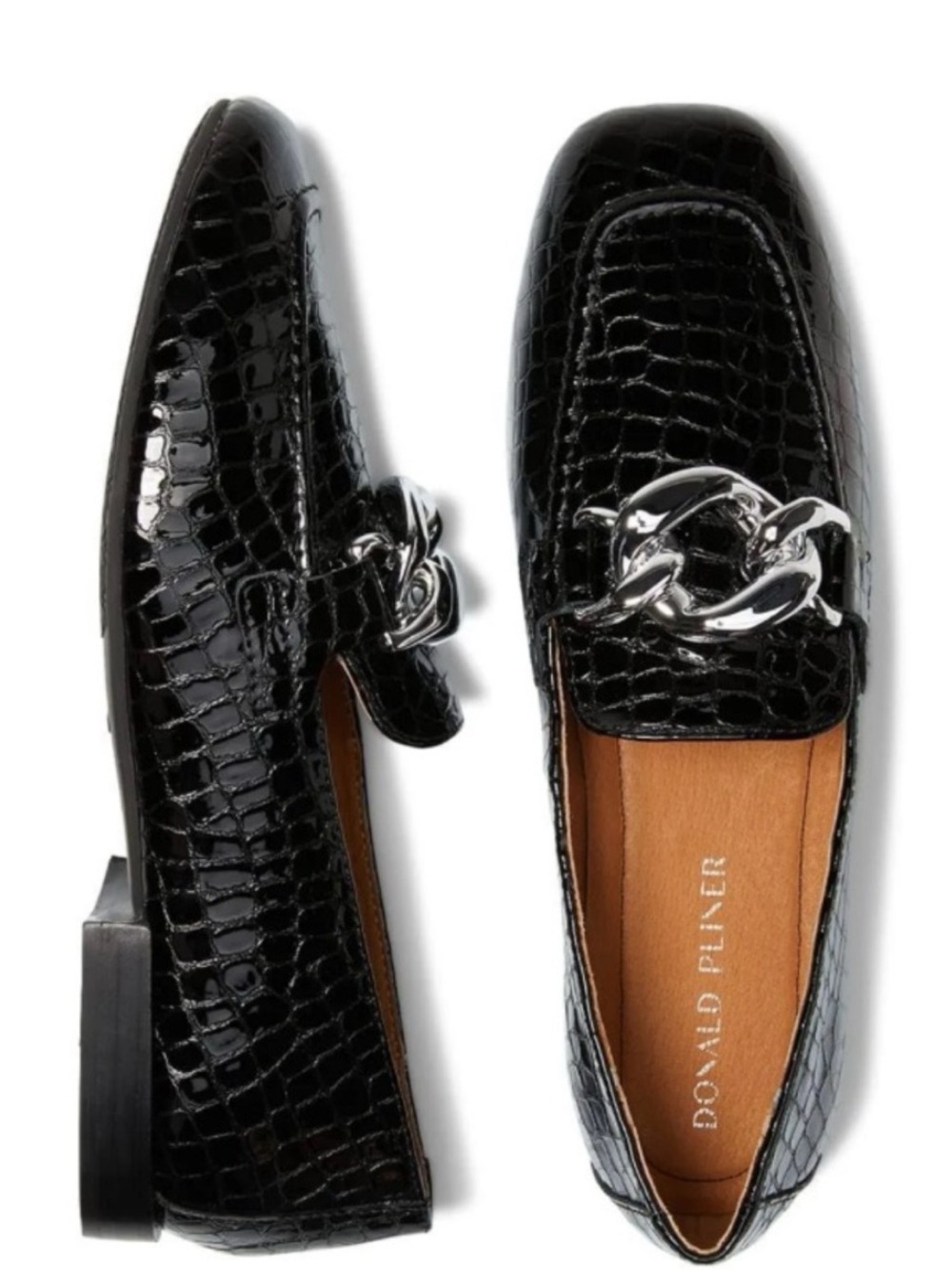 Donald J. Pliner Black Croc-Embossed Loafers with Silver Chain Accent Size 8